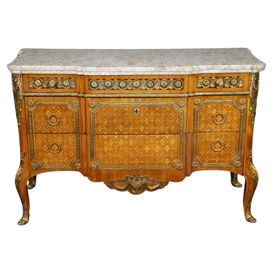 Fantastic Inlaid French Louis XV Double-Thick Marble Top Commode