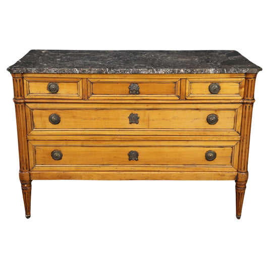 Signed Classic Louis XVI Distressed Walnut Marble Directoire Commode