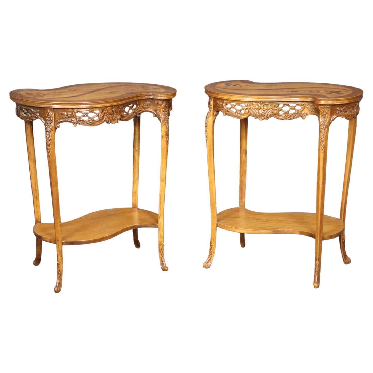 Fine Pair of French Walnut and Satinwood Carved Kidney Shapes End Tables