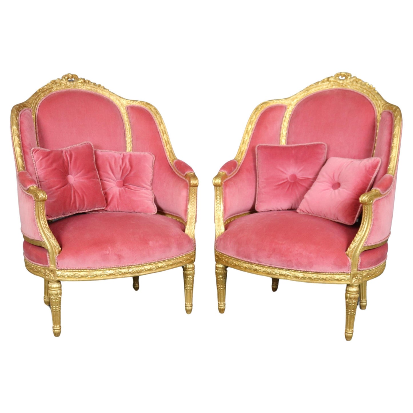 Fine Pair Genuine Gold Leaf Carved French Louis XVI Style French Bergeres