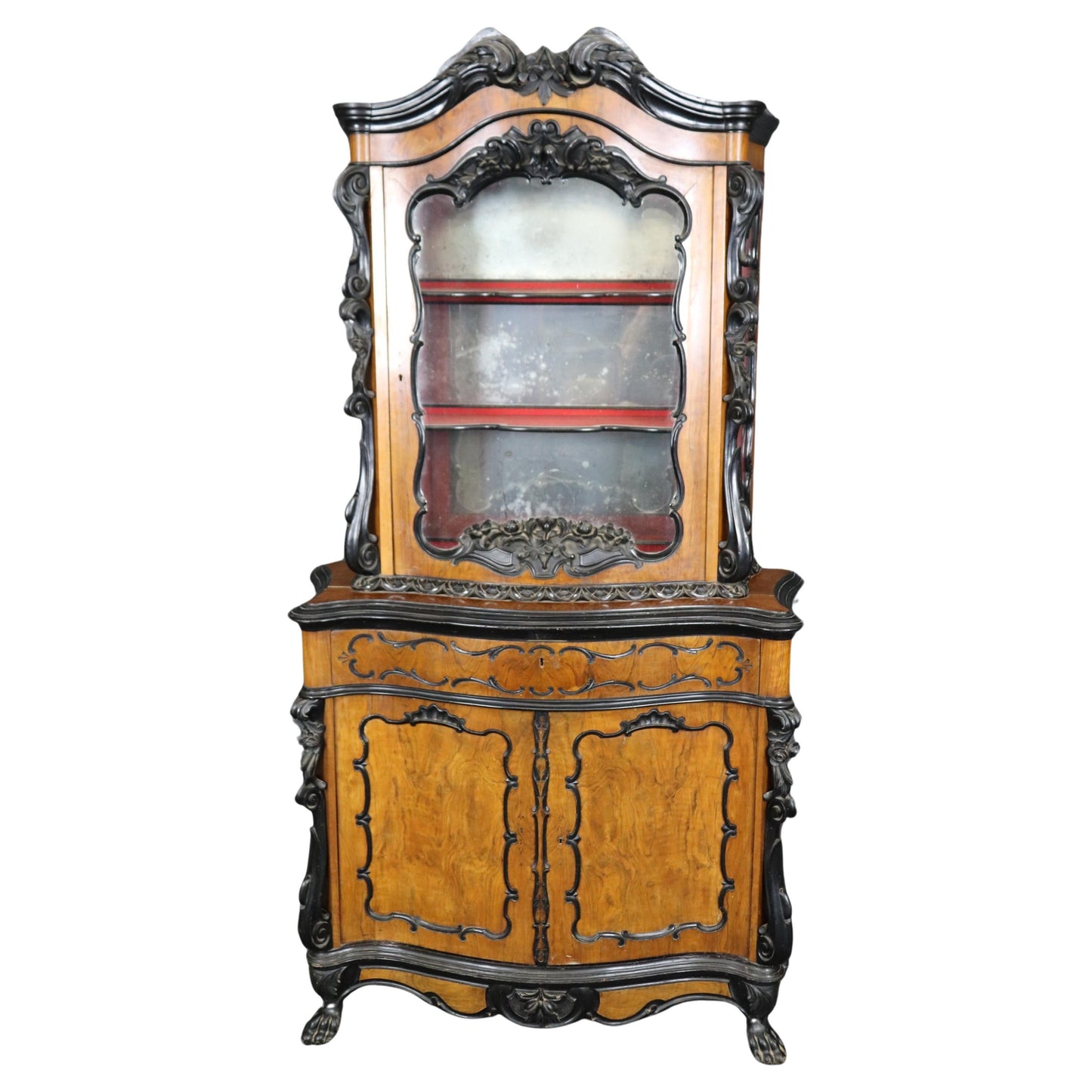 Continental European Ebonized Circassian Walnut Rococo Vitrine China Cabinet