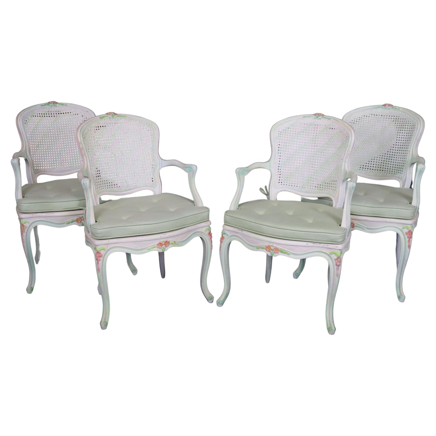 Set of Four Polychromed Cane Seat and Back French Louis XV Dining Salong Chairs