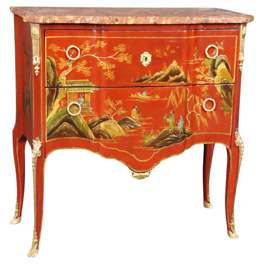 Louis XV Red Chinese Raised Gold Paint Decorated Kahn & Cie of France Commode