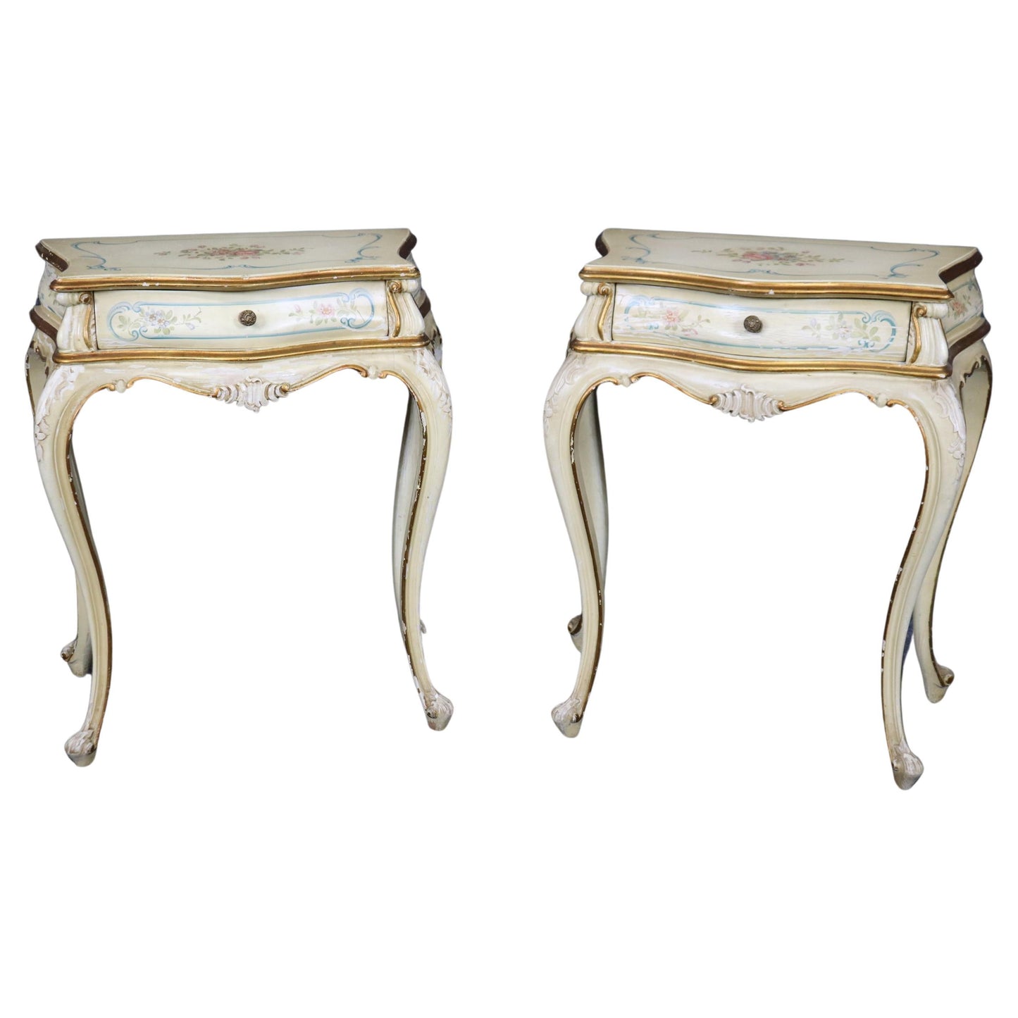 Rare Pair Distressed Paint Decorated Venetian Italian Nightstands Circa 1920s