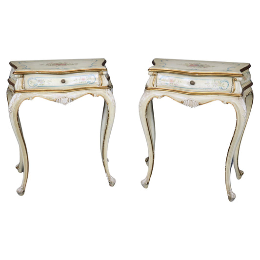 Rare Pair Distressed Paint Decorated Venetian Italian Nightstands Circa 1920s