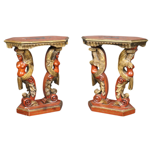 Pair of Red and Gold Gilt Figural Nude Maiden Italian End Tables Circa 1940