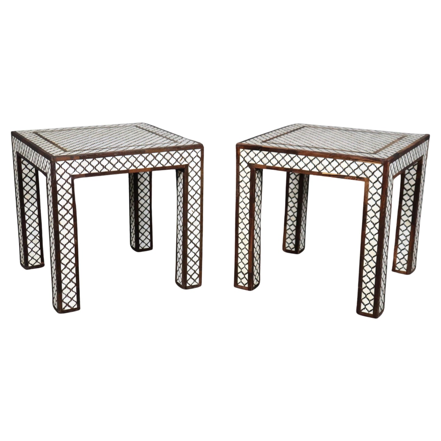 Pair of Moroccan Bone Inlaid Square Shaped End Tables