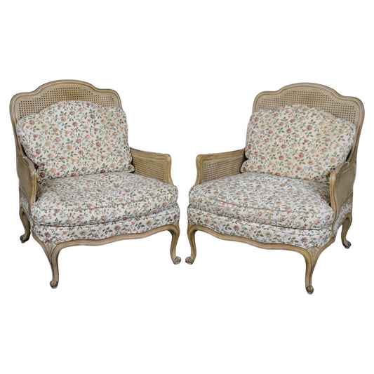 Rare Pair of French Fully Caned Upholstered Bergere Chairs Louis XV