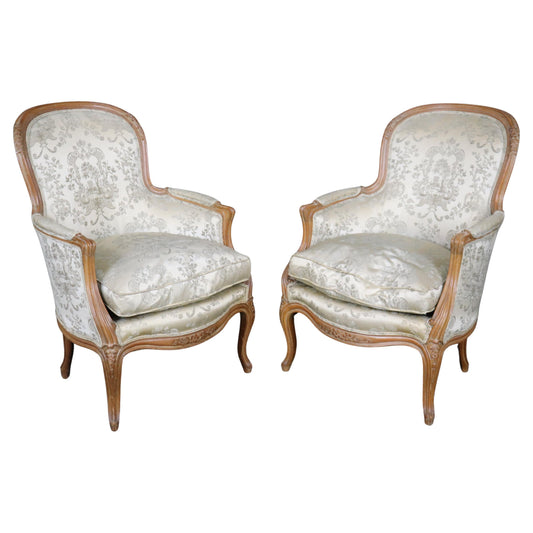 Pair of Gorgeous French Carved Louis XV Bergere Chairs Circa 1940s era