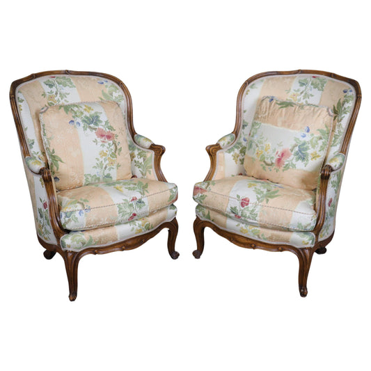 Fantastic Pair of Carved Walnut French Louis XV Style Bergere Chairs