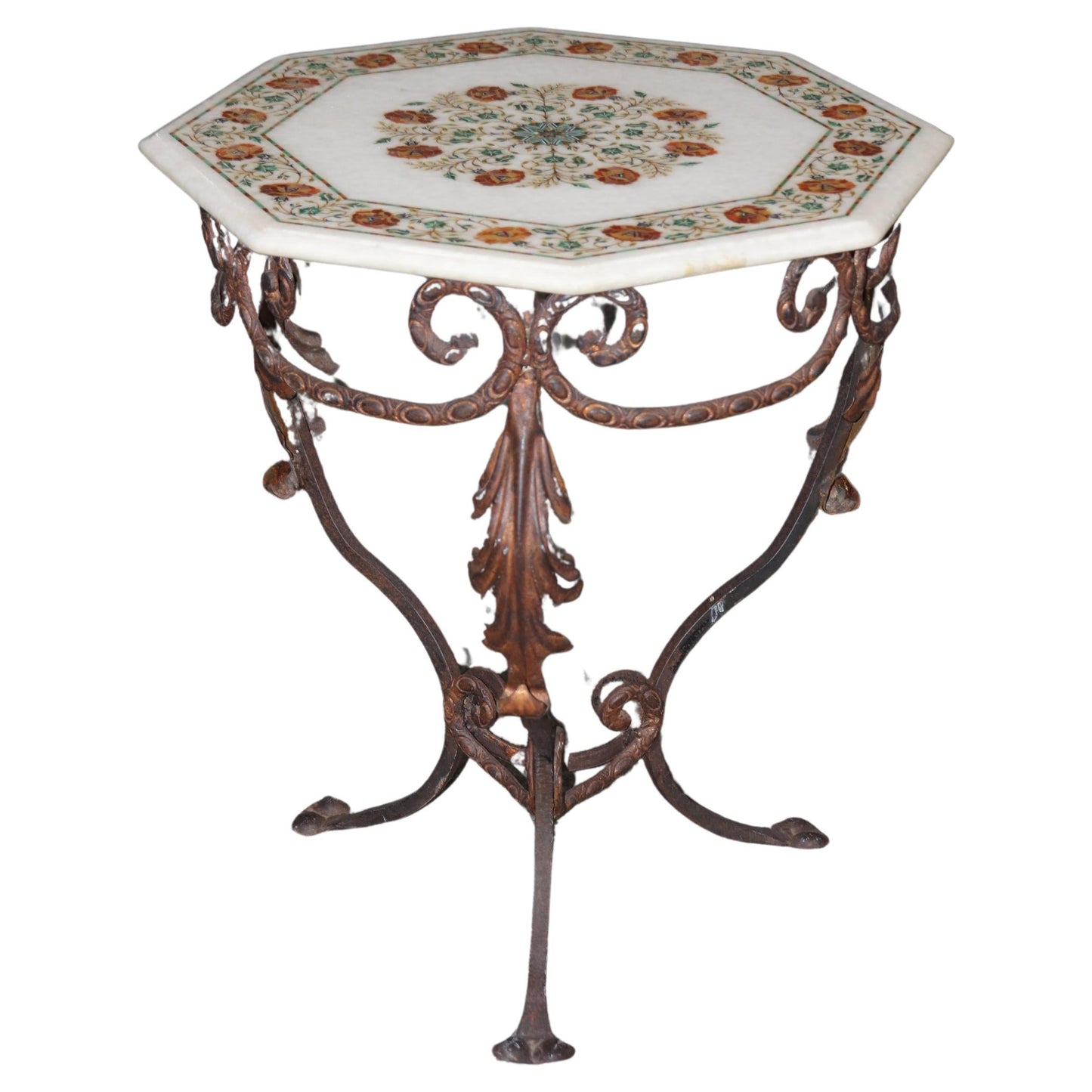 Italian Marble Inlaid Pietra Dura Octagonal Wrought Iron End Table 1950