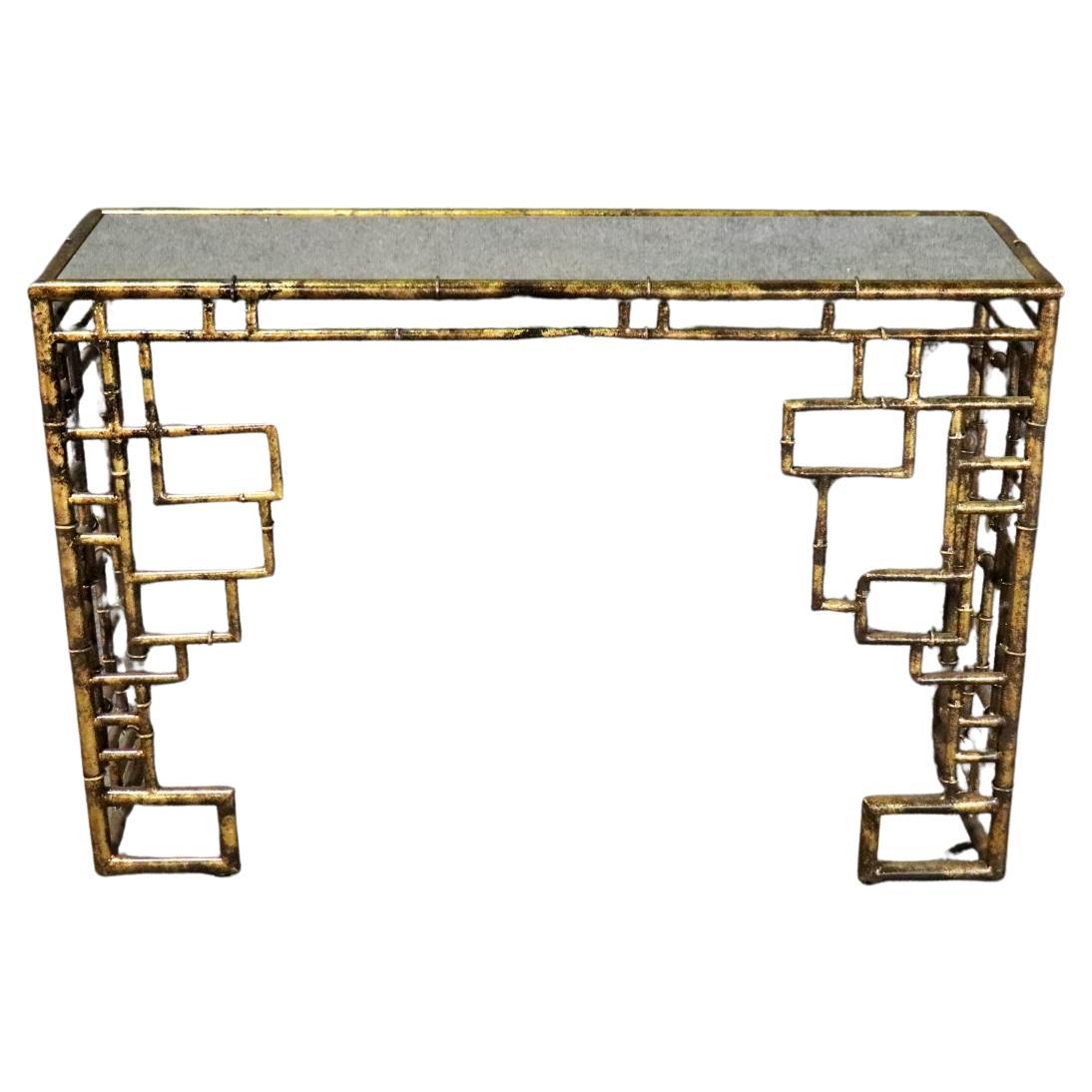 Stunning Faux Bamboo Gilded Metal Silver Leaf Eglomise Console Table