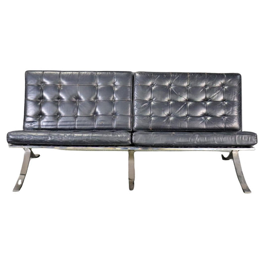 One of Two Leather Upholstered Barcelona Style Chromed Metal Settee