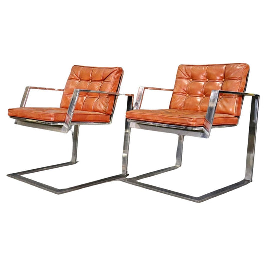 Mid Century Modern Barcelona Style Chrome Armchairs Circa 1970 Leather