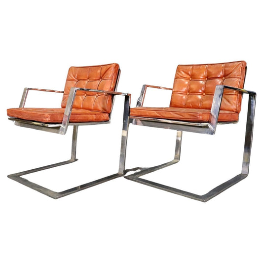 Mid Century Modern Barcelona Style Chromed Armchairs Leather