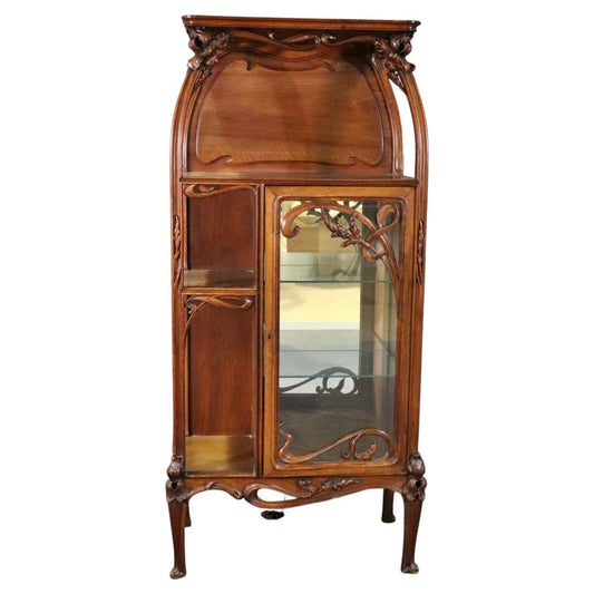 Signed A. Hugnet French Art Nouveau Walnut Vitrine China Cabinet