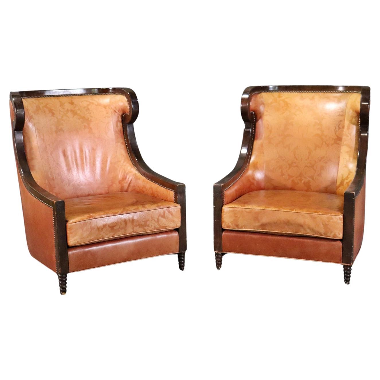 Large Pair Genuine Leather Tall   Brown Framed Bergere Wingchairs