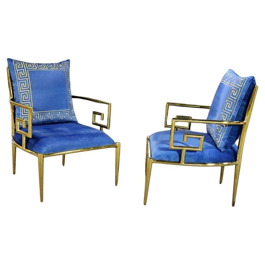 Stunning Pair of Polished Brass Greek Key Versace Style Armchairs in Blue