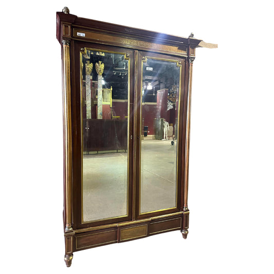 Exceptional Brass Inlaid French Directoire Beveled Mirrored Armoire TV Cabinet