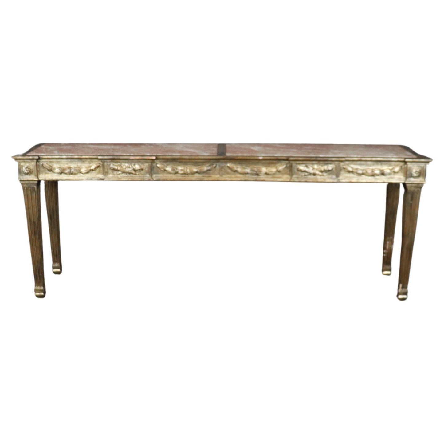 Grand French Marble Top Carved Louis XVI Directoire Silver Leaf Console Table