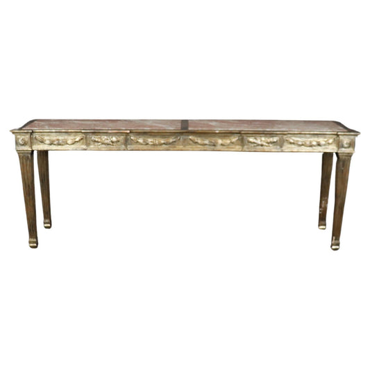 Grand French Marble Top Carved Louis XVI Directoire Silver Leaf Console Table