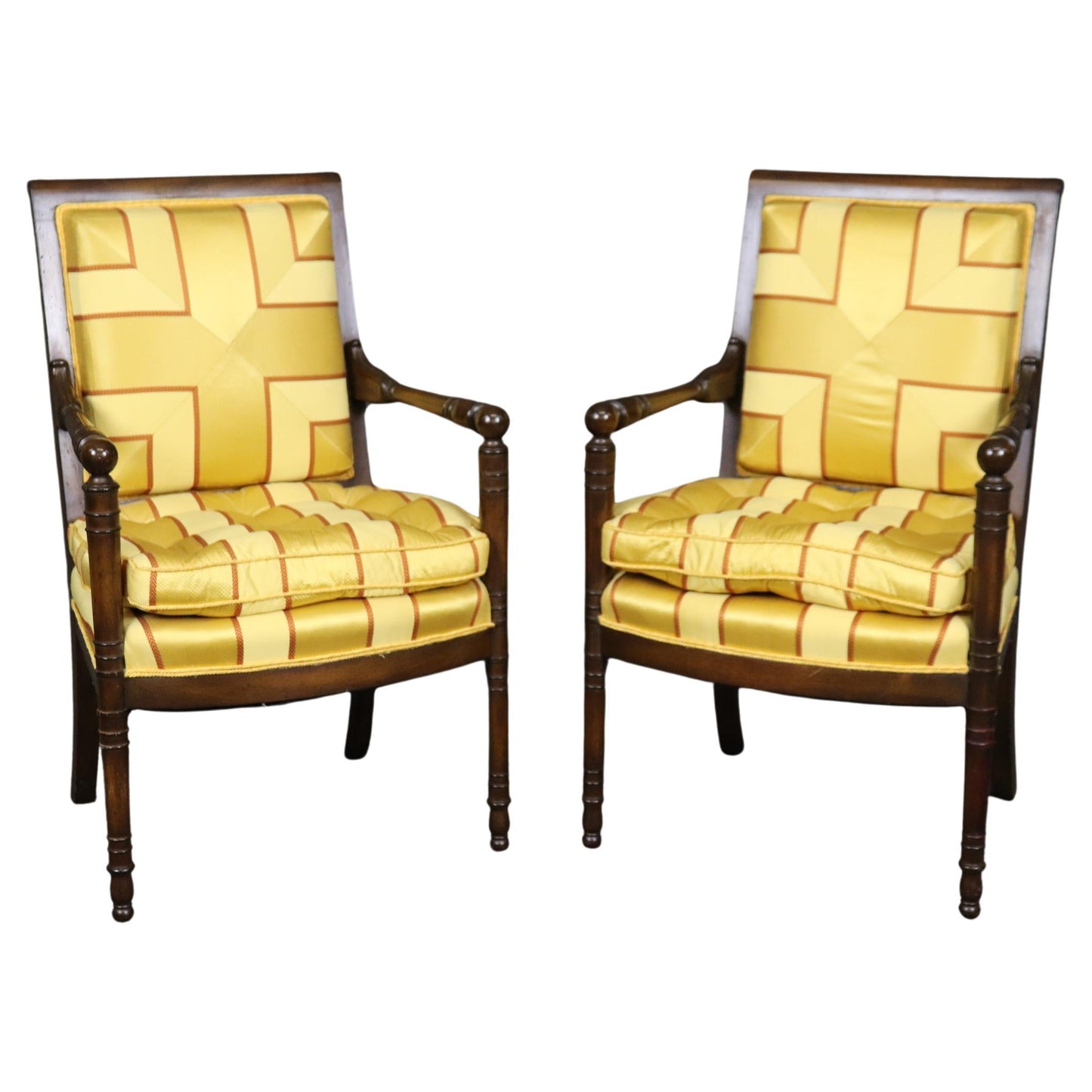 Incredible Pair of French Empire Style Walnut and Vibrant Yellow Bergere Chairs