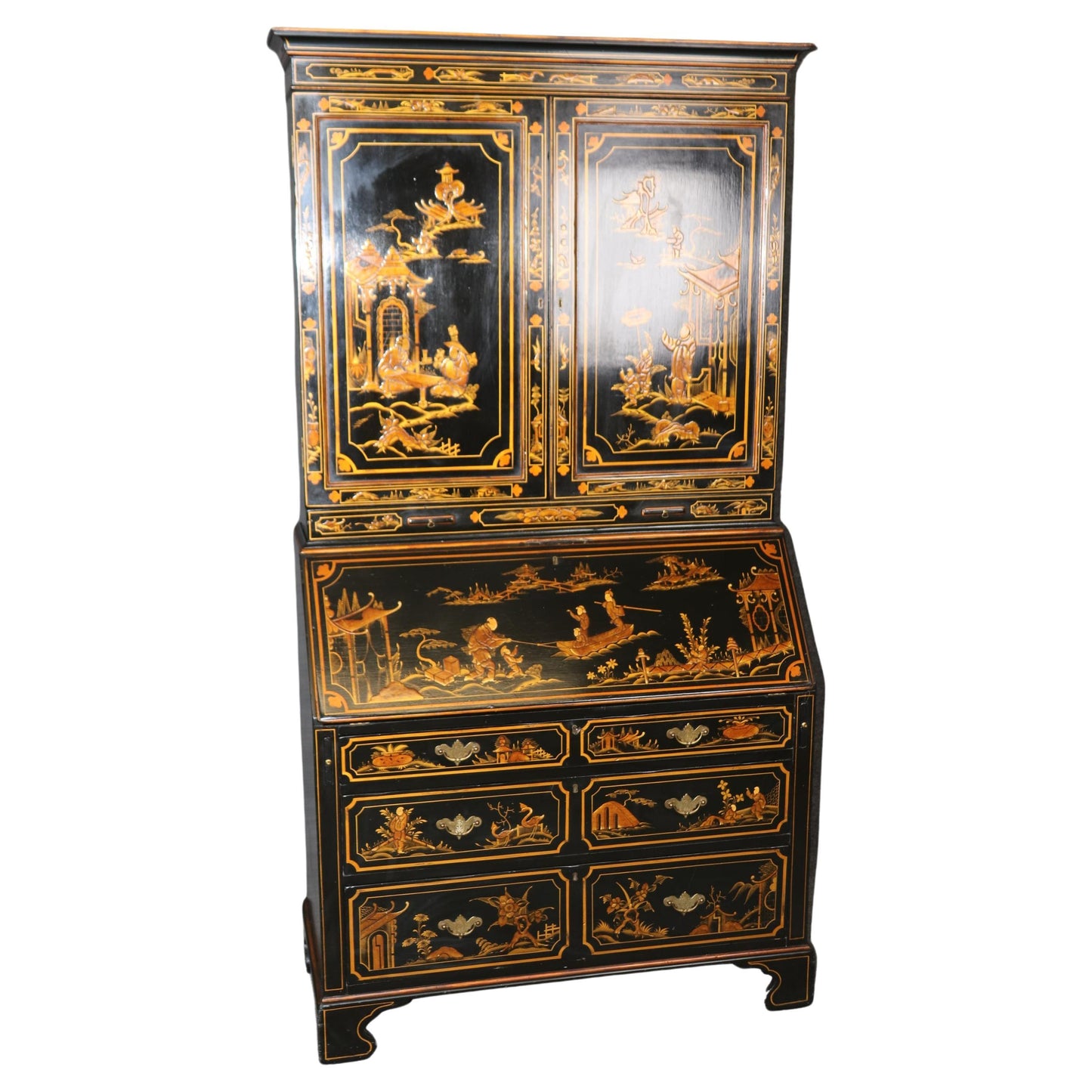 Fine early 1800s Era English Georgian Chinoiserie Paint Decorated Secretary Desk