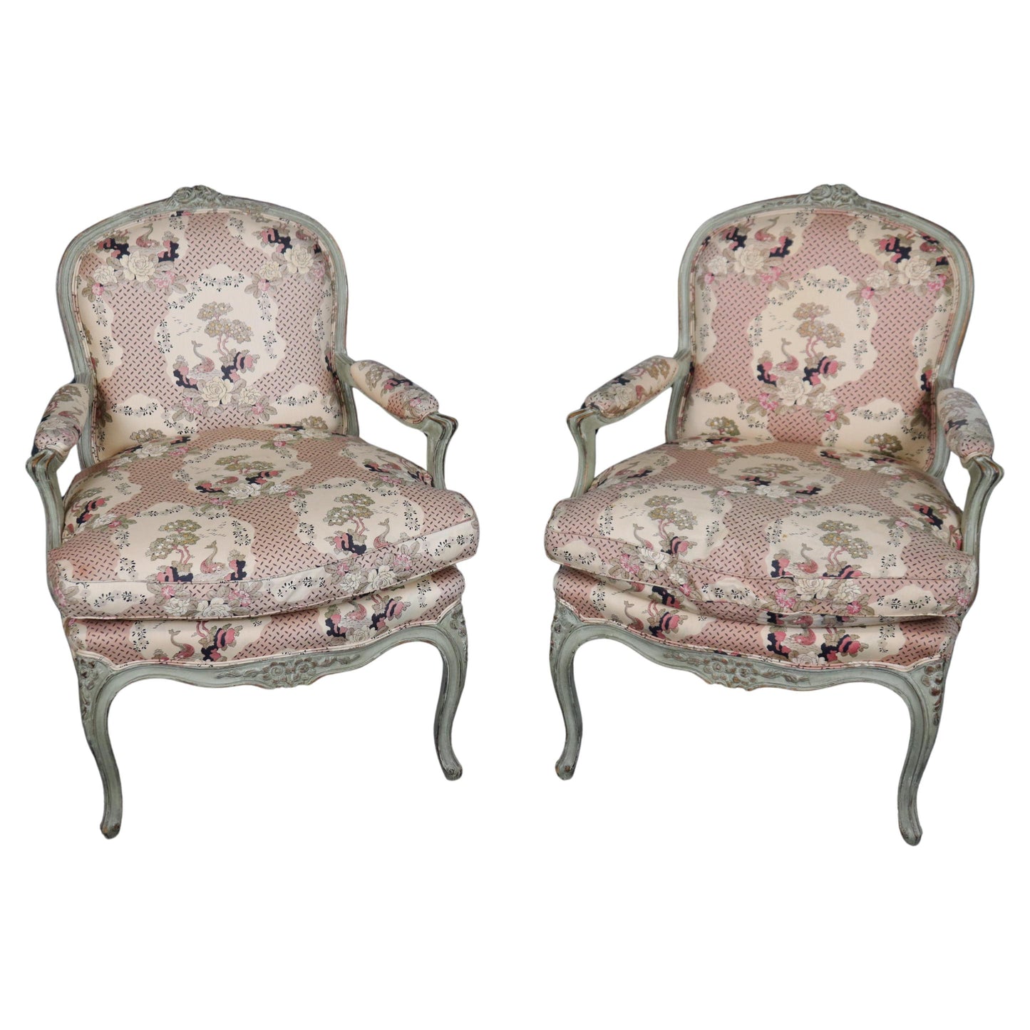 Pair French Louis XV Gray Paint Decorated Carved French Louis XV Bergere Chairs