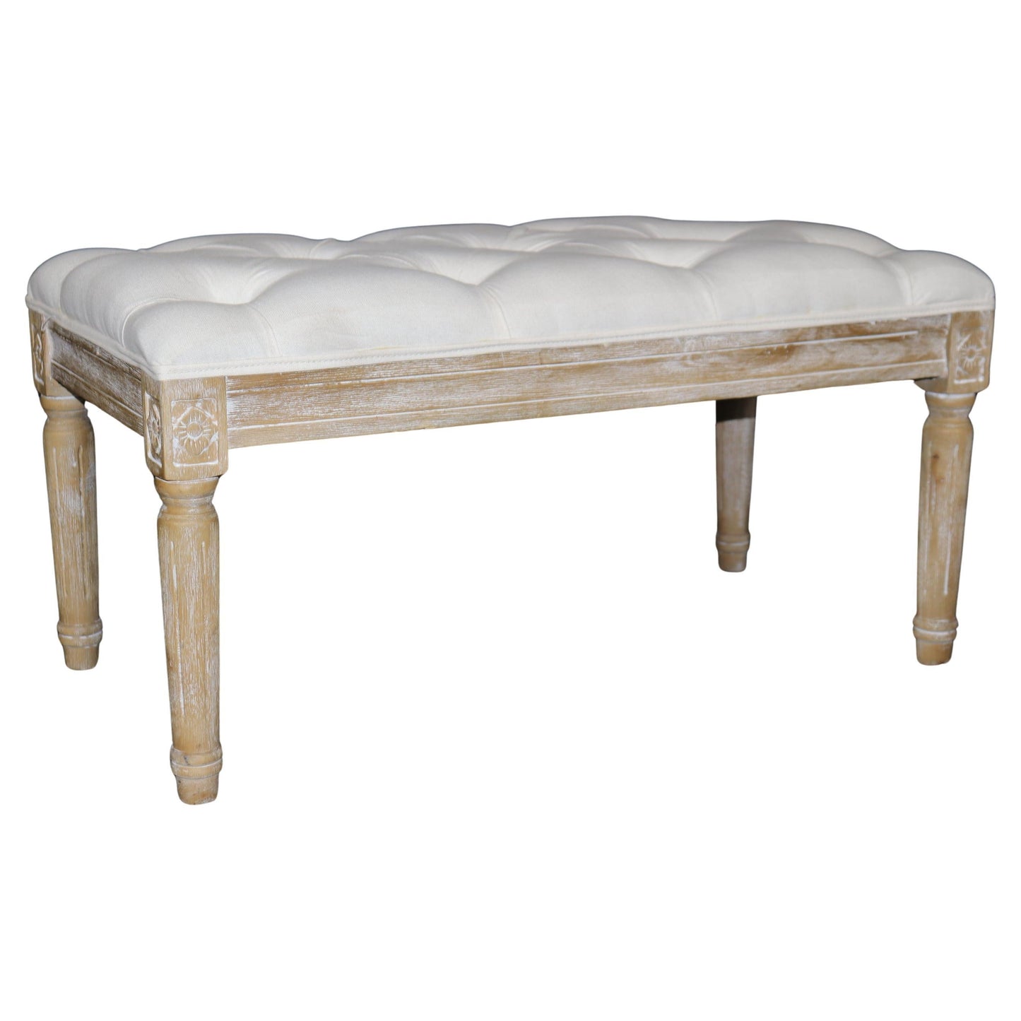 Restoration Hardware Style Bleached Tufted Upholstered Louis XVI Style Bench