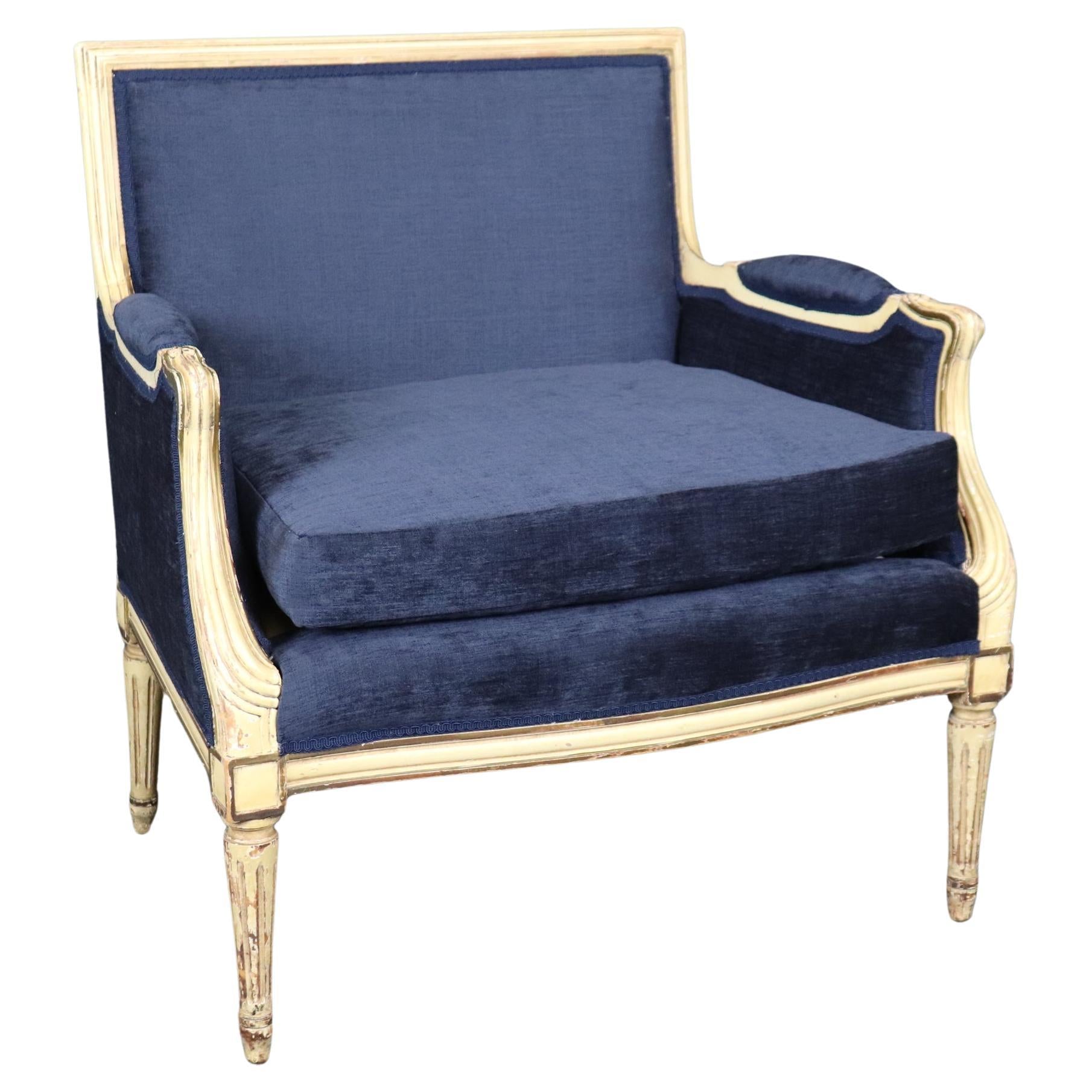 Maison Jansen Style Louis XVI Creme Painted Royal Blue Bergere Marquis Chair