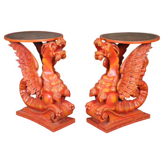 Extremely Rare Pair Full Body carved Griffin Leather Top End Tables Circa 1890s