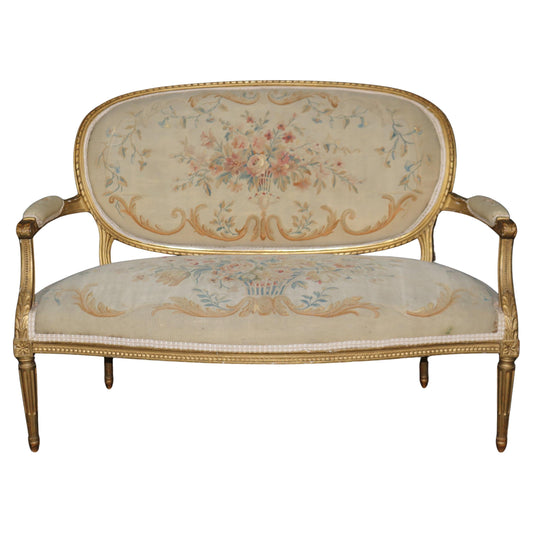 Fine Quality Giltwood Aubusson Upholstered French Louis XVI Style Settee