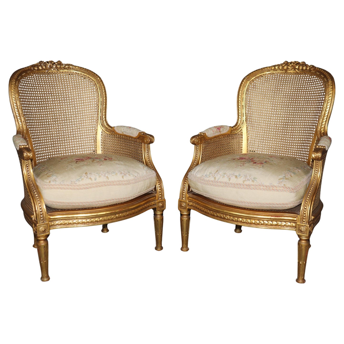 Outstanding Pair Luminous French Giltwood Cane Louis XVI Bergere Chairs