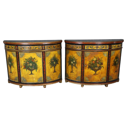 Pair of Paint Decorated Continental Demilune Italian Commodes Consoles