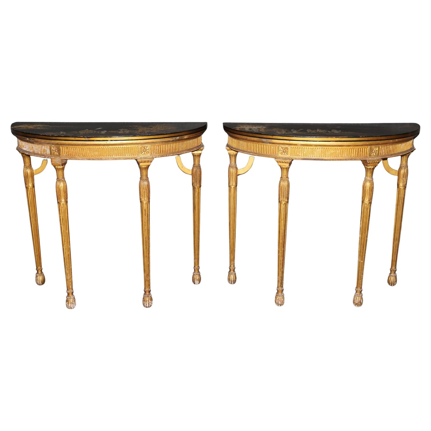 Rare Pair Chinoiserie Paint Decorated Demilune Giltwood Console Tables