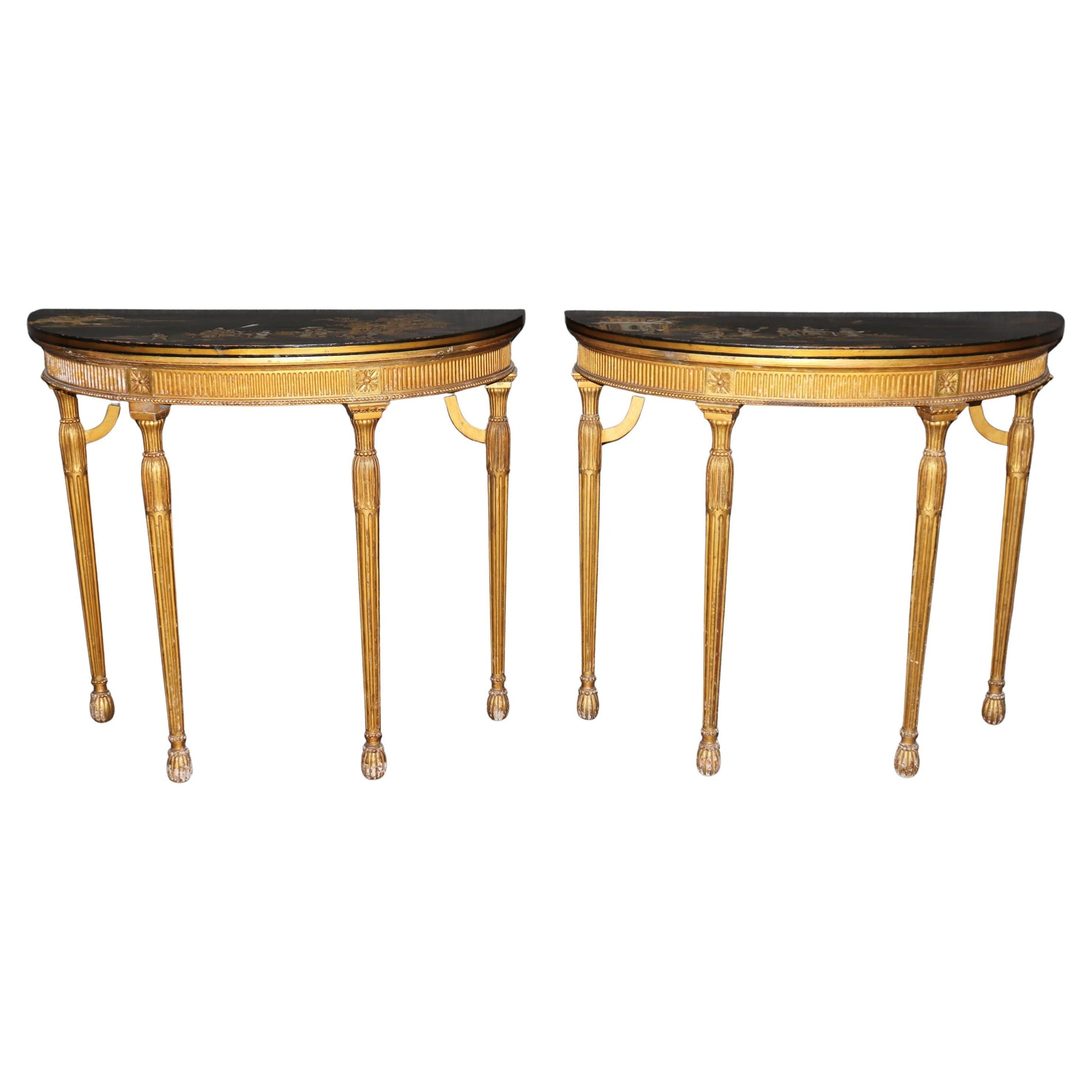 Rare Pair Chinoiserie Paint Decorated Demilune Giltwood Console Tables