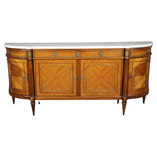 Grand French Louis XVI Kingwood Brass trimmed Demilune Marble Top Sideboard