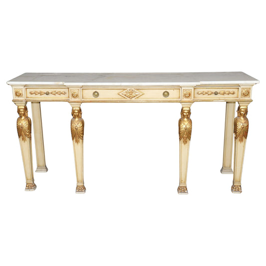 Fine French Empire Creme and Gilded Figural Marble Top Console Sofa Table