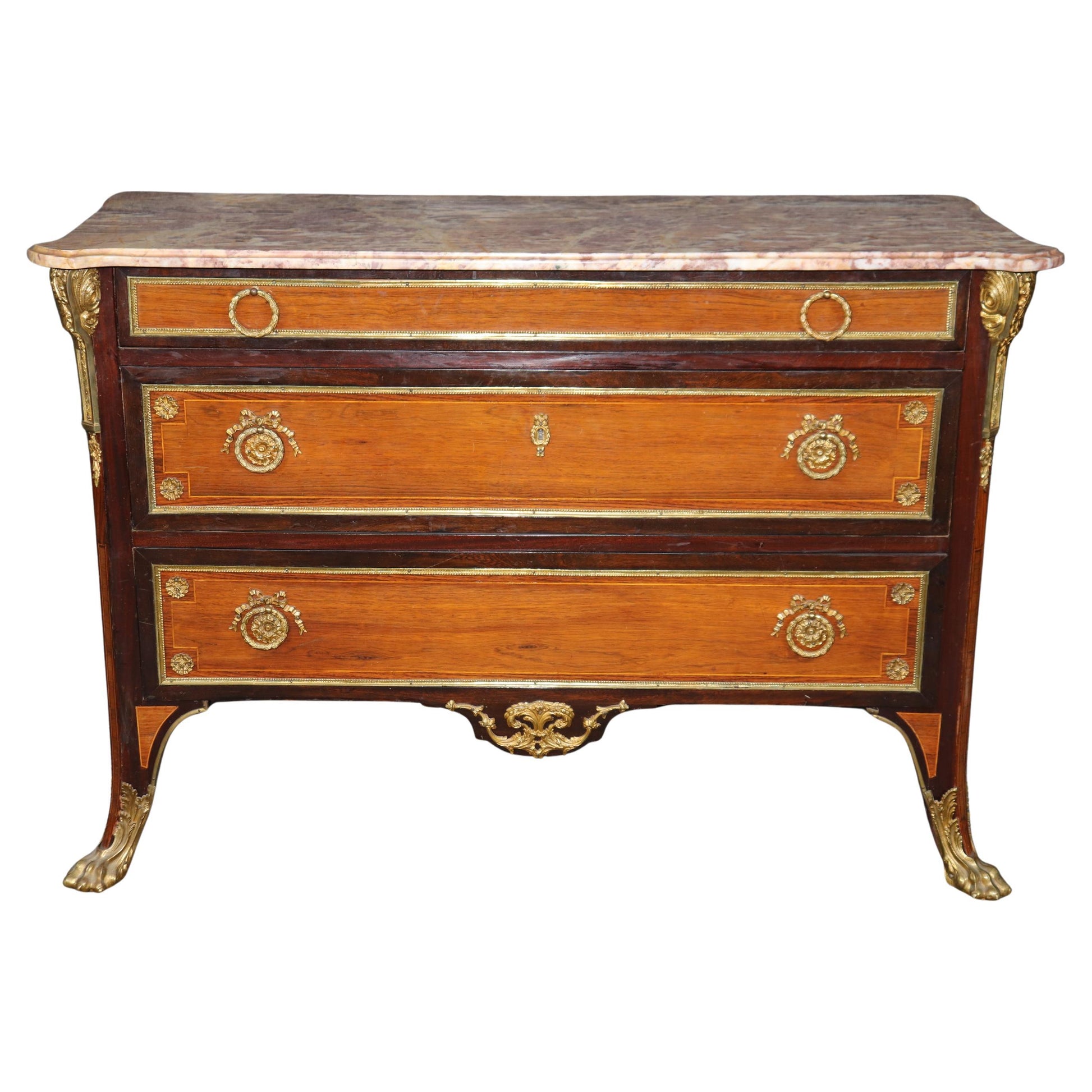 Bronze Paw Footed Marble Top Rosewood and Mahogany French Louis XV Commode