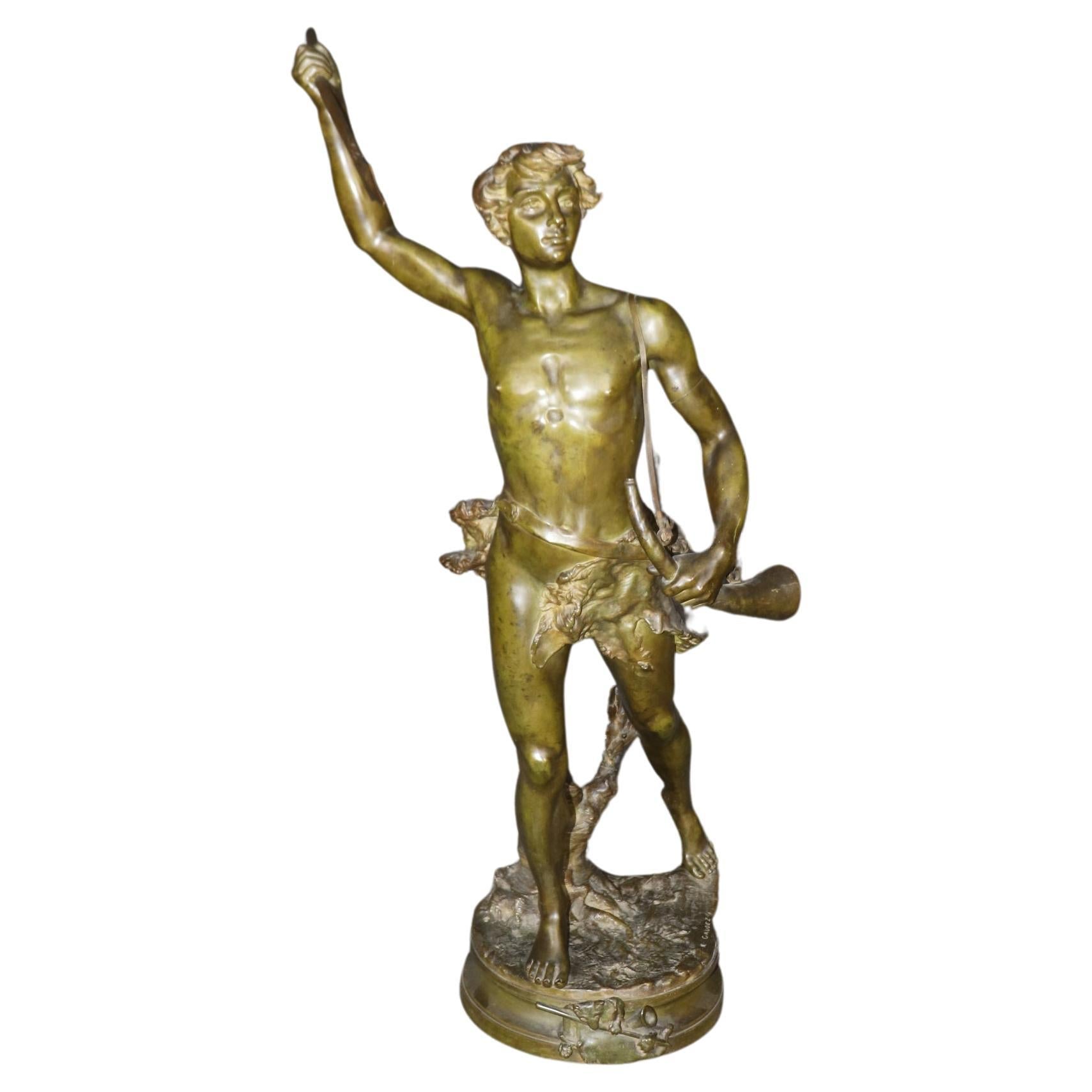 Adrien Étienne Gaudez Figural Bronze Sculpture 'Acteon" Man Hunting with Spear