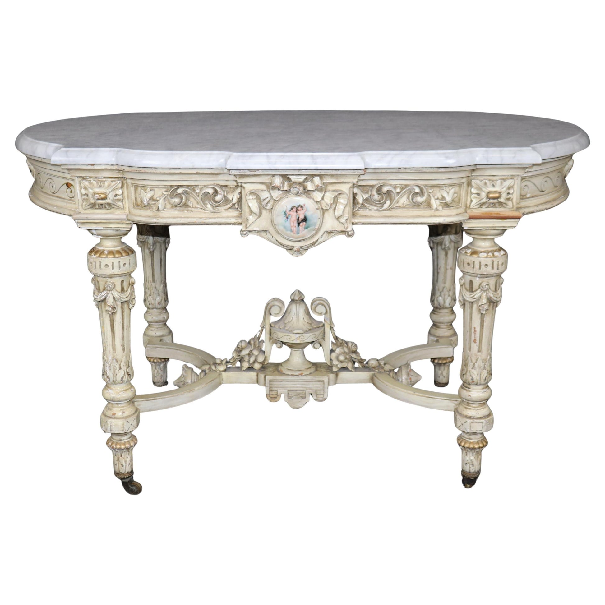 Napoleonic Style Creme Painted Marble Top Center Table Sevres Style Placques