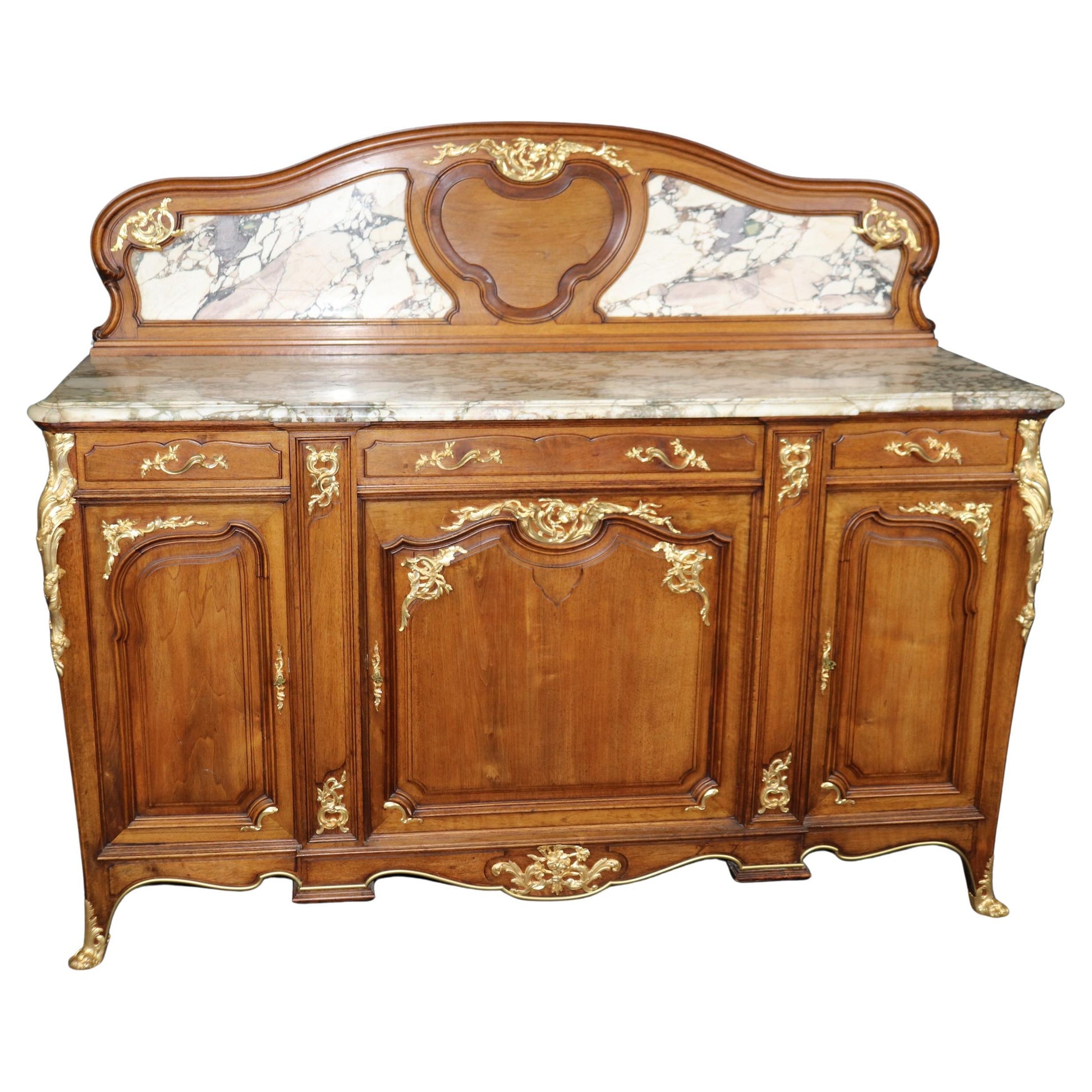 Signed Haentges Freres Dore' Bronze Ormolu French Louis XV Marble Top Sideboard