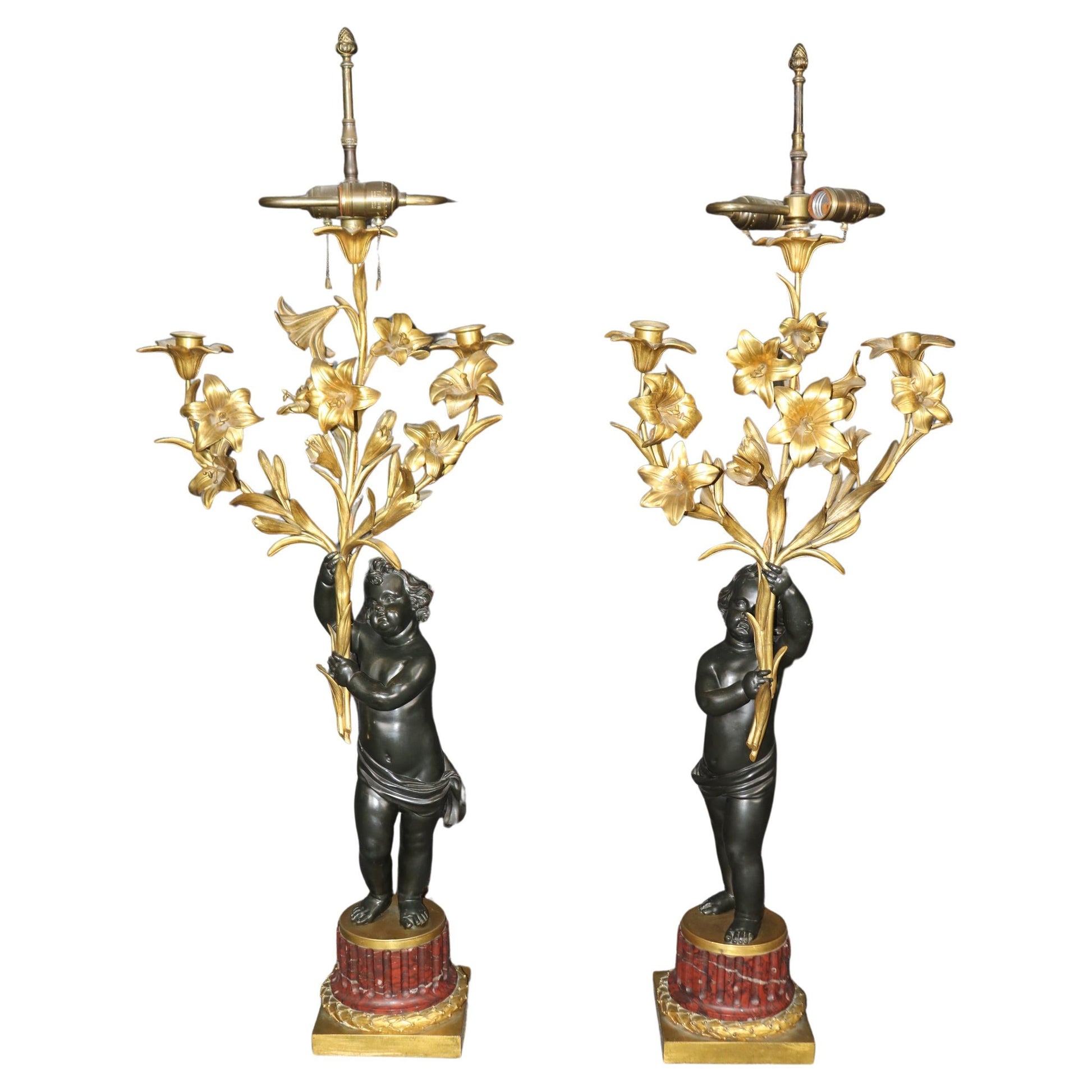 Pair 19th C Bronze Dore' Cherubs Table Lamps Candelabra Manner Henry Dasson