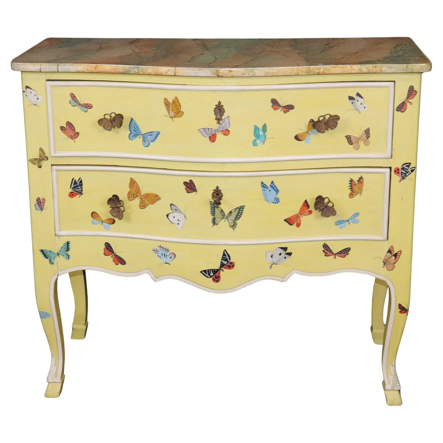 Charming Butterfly Paint Decorated French Louis XV Style Commode