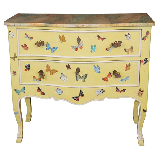 Charming Butterfly Paint Decorated French Louis XV Style Commode