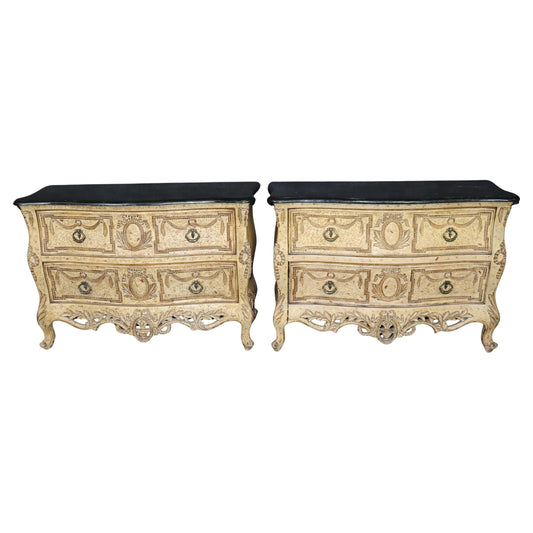 Fine Pair Crackle Paint Decorated Creme and Marble Top French Louis XV Commodes