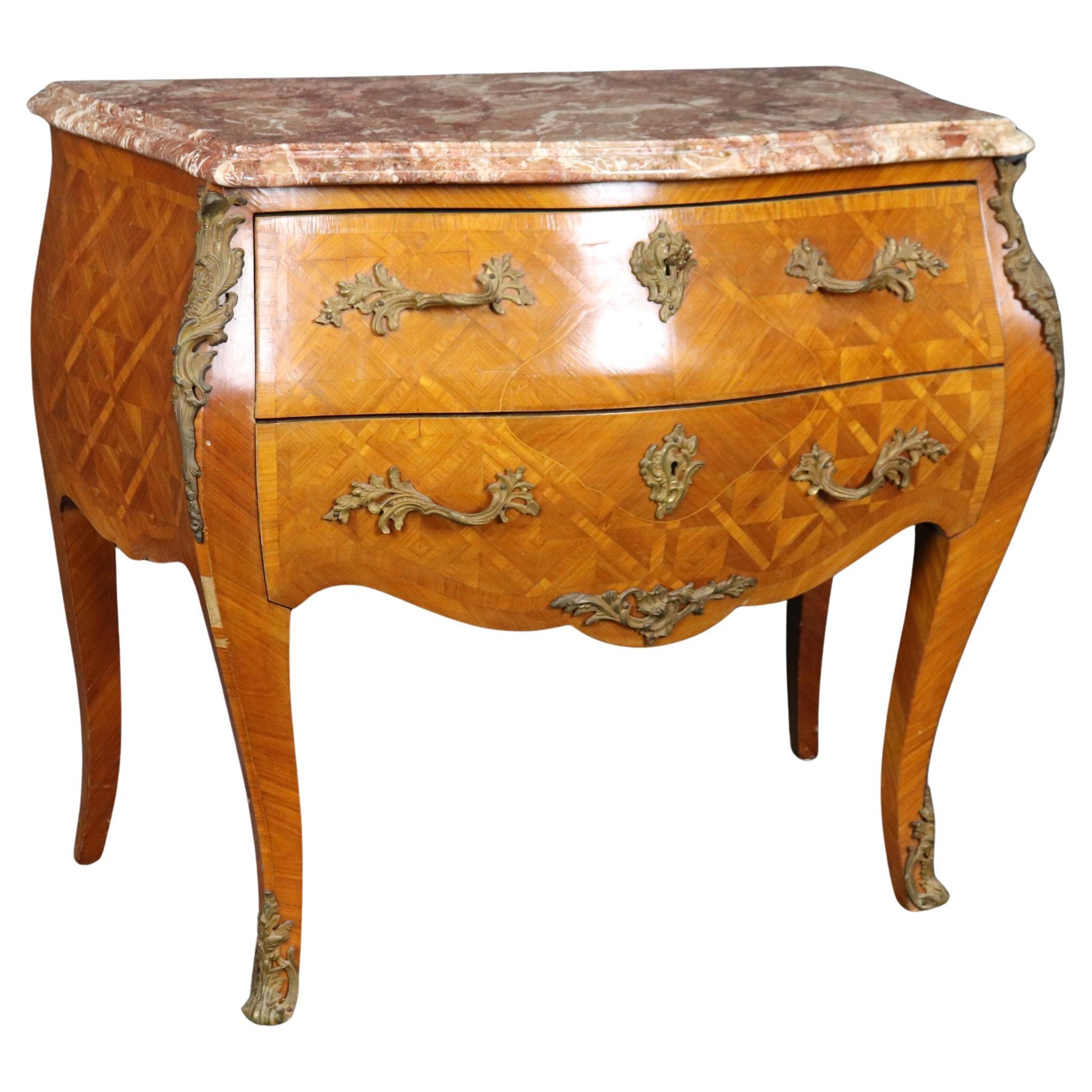 Inlaid Olive wood Italian Made French Louis XV Style Marble Commode