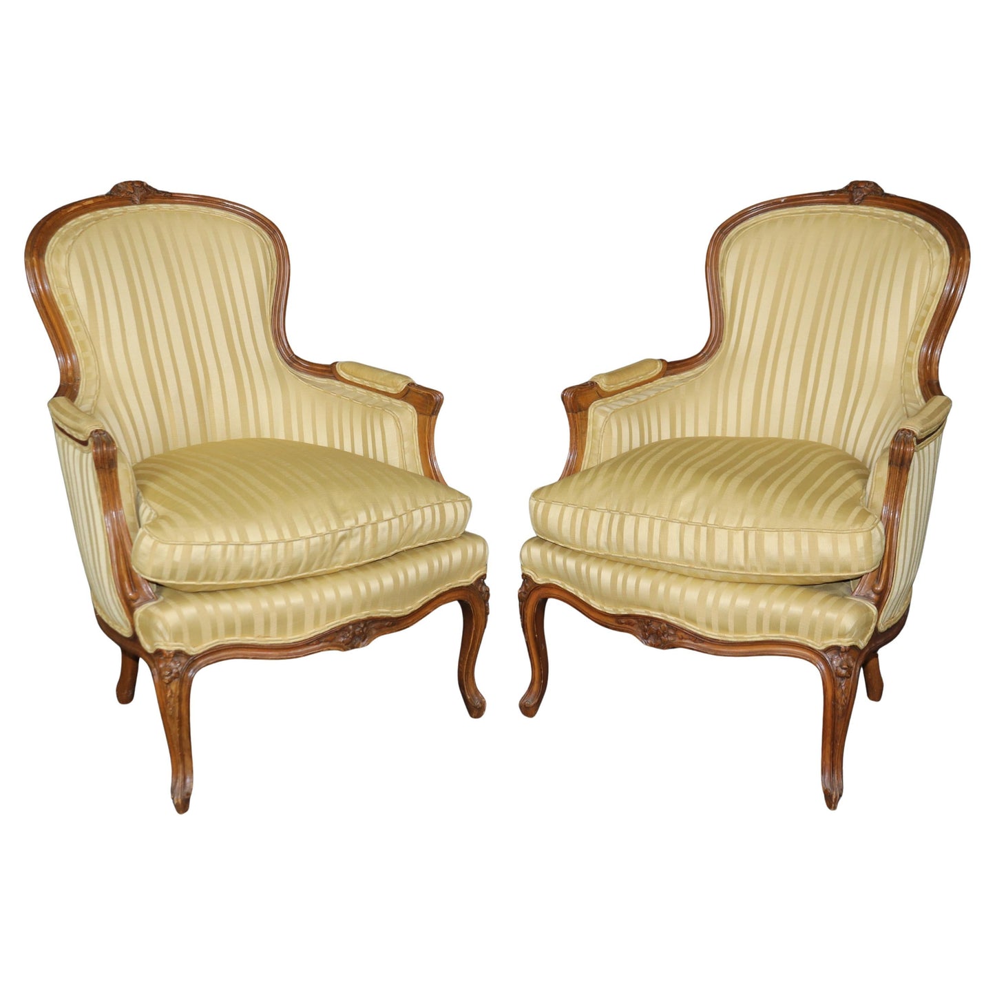 Fine Pair Silk Upholstered Carved Walnut Louis XV Style Bergère Chairs