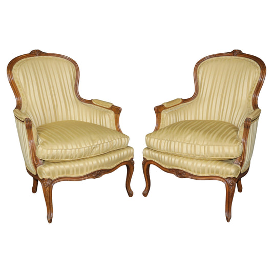 Fine Pair Silk Upholstered Carved Walnut Louis XV Style Bergère Chairs