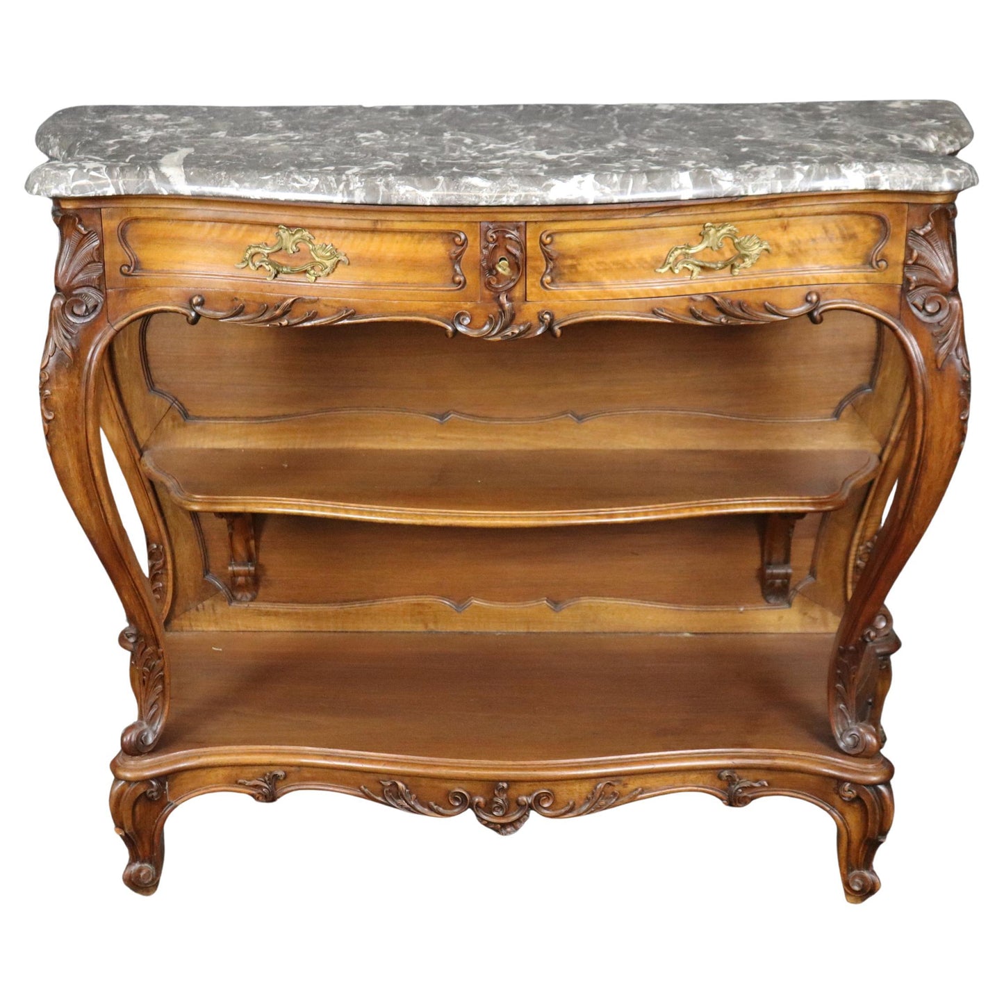 Superb Carved Walnut Marble Top French Two Tier Open Buffet Console Table